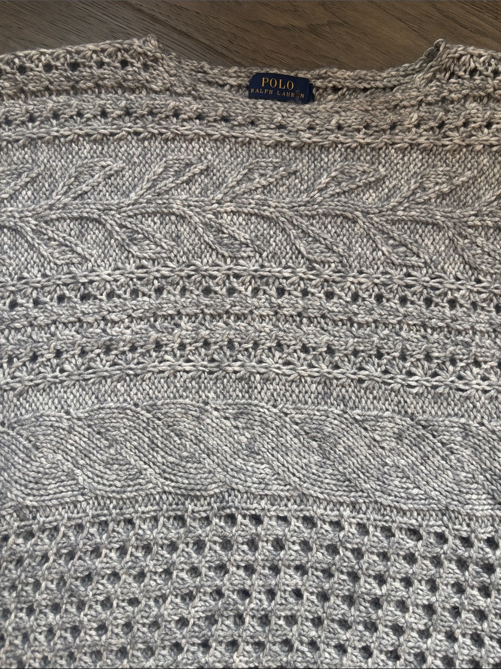 Polo Ralph Lauren | Grey Bohemian Open-Weave Cable Knit Sweater Poncho Size XL - Picture 6 of 14